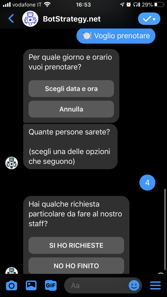 manychat prenotazione tavolo ristorante