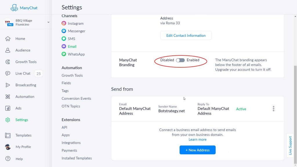 disattivare branding manychat